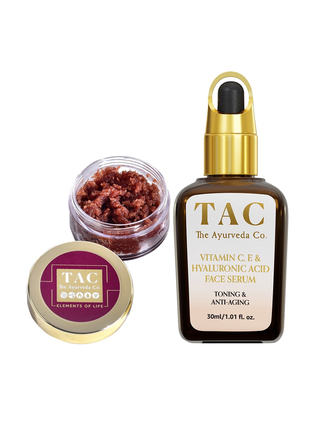 

TAC - The Ayurveda Co. Set of Toning Hyaluronic Acid Face Serum & Beetroot Lip Scrub, Brown