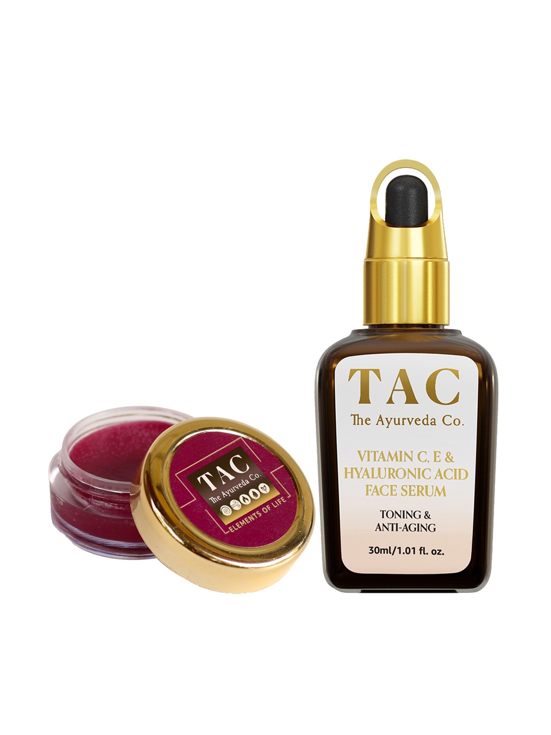 

TAC - The Ayurveda Co. Set of Hyaluronic Acid Face Serum & Beetroot Lip Butter, Brown