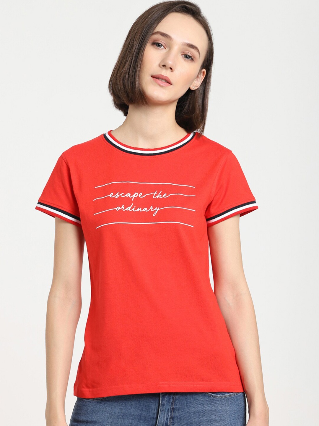 

Bewakoof Women Red & White Typography Printed Pure Cotton Slim Fit T-shirt