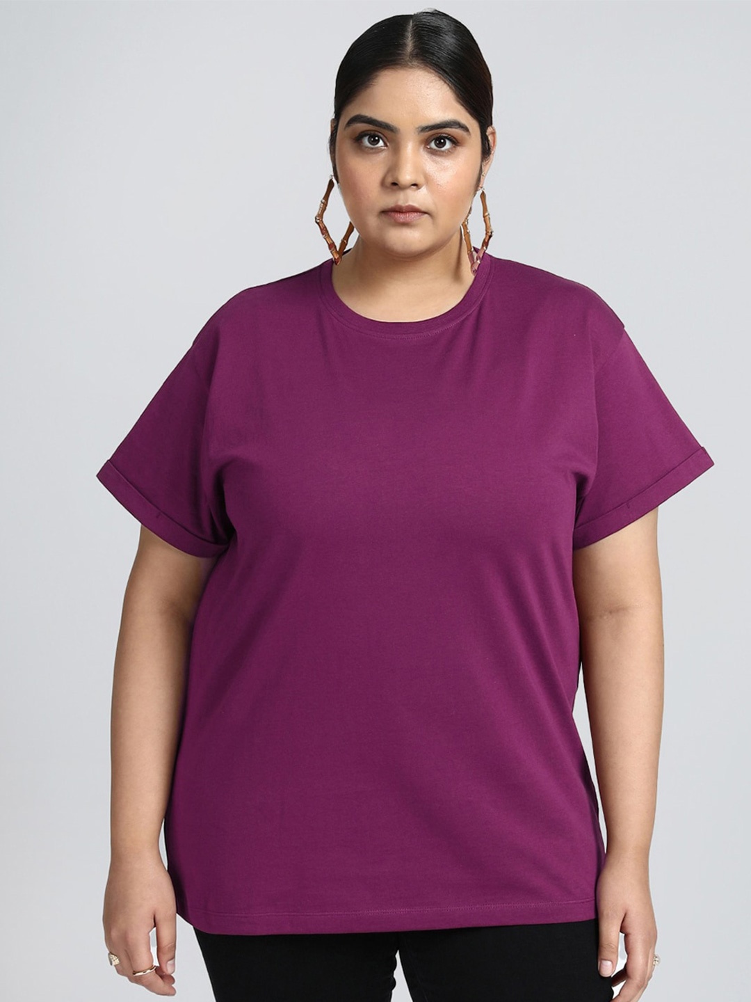 

Bewakoof Plus Women Purple Extended Sleeves Pure Cotton Loose Oversized T-shirt