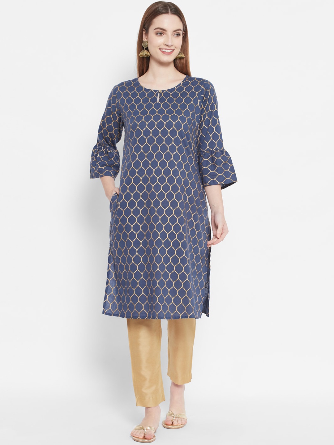 

DESI BEATS Women Blue Ethnic Motifs Printed Flared Sleeves Kurta