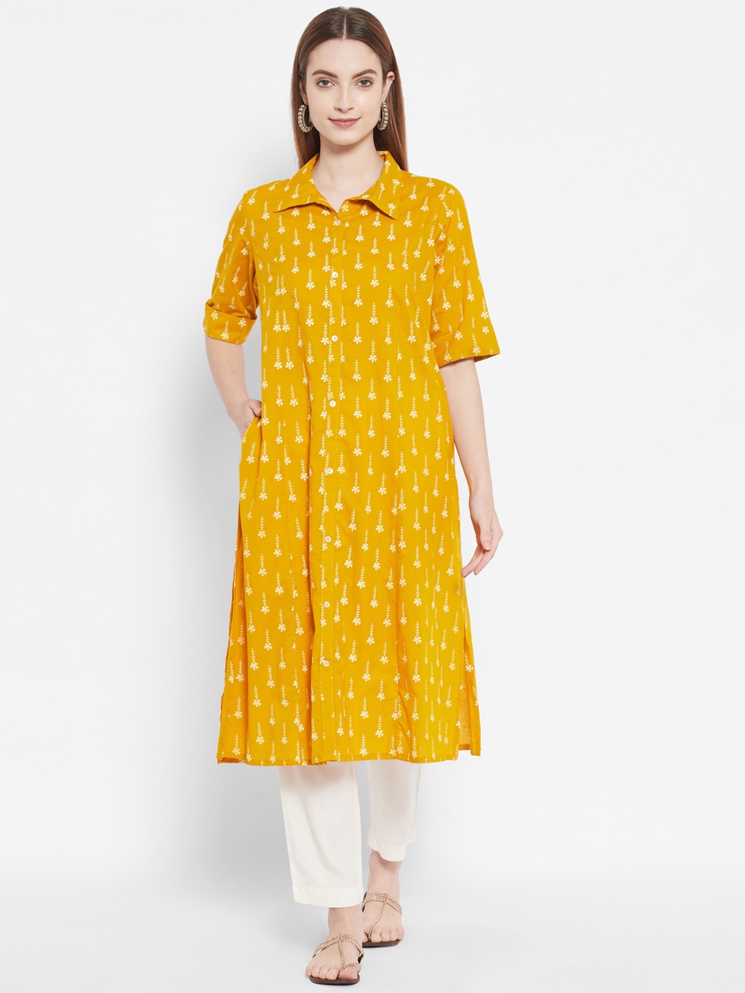 

DESI BEATS Women Mustard Yellow Floral Printed Kurta