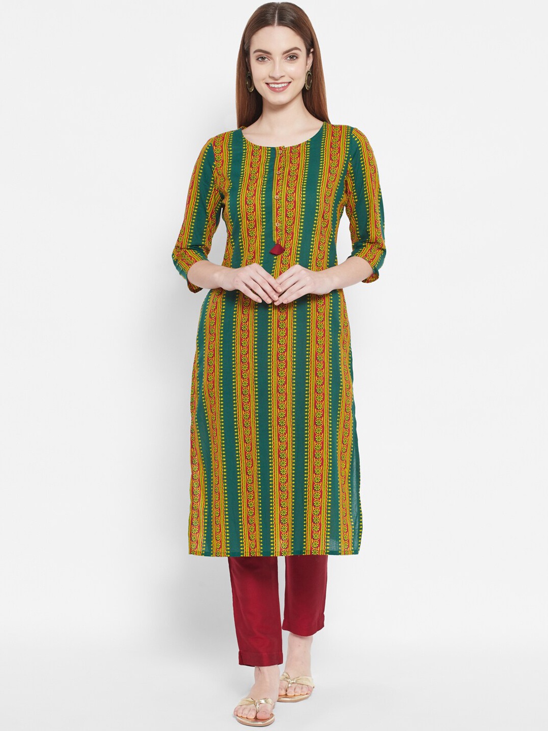 

DESI BEATS Women Green Striped Kurta