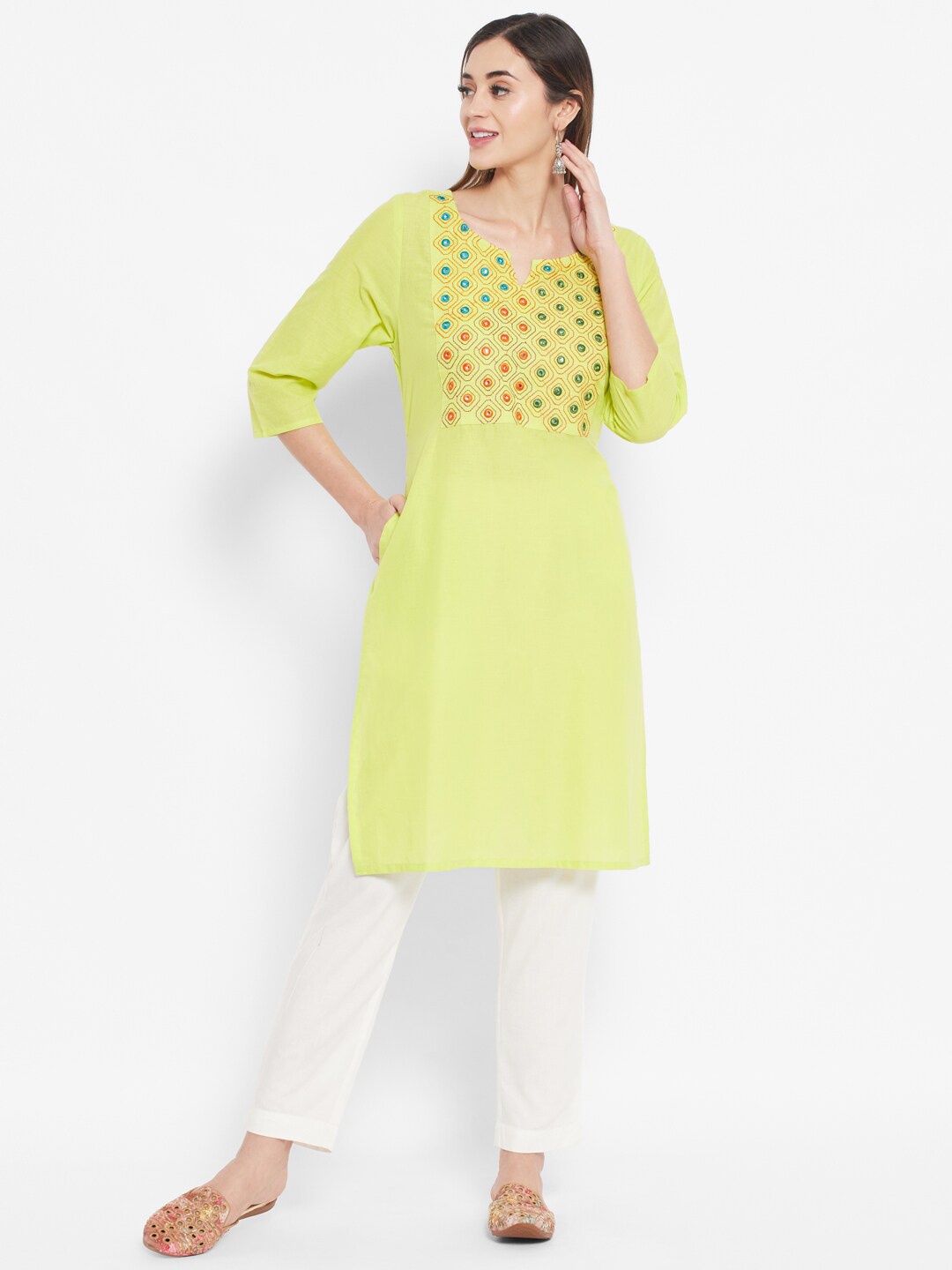

DESI BEATS Women Lime Green Thread Work Kurta