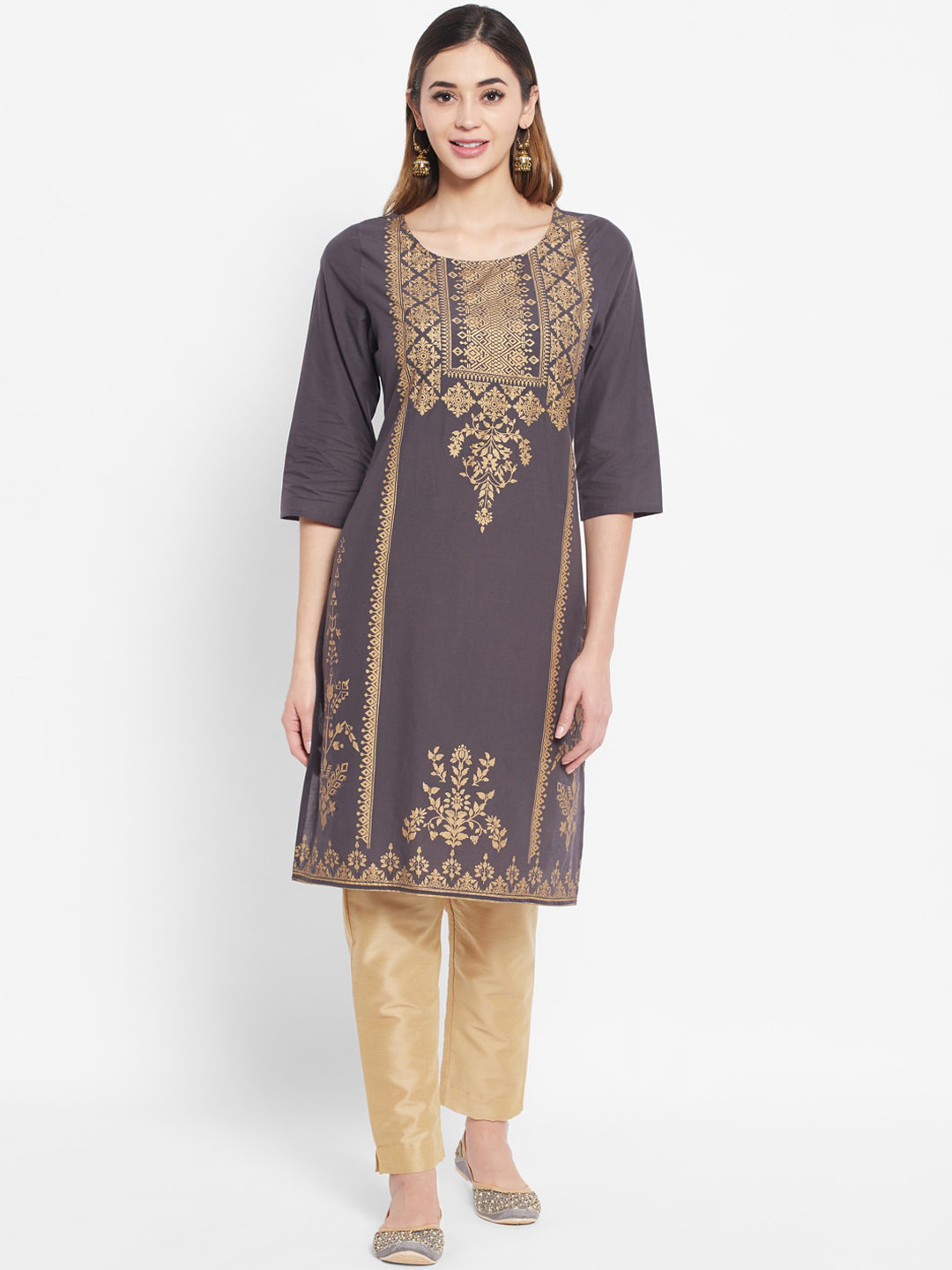 

DESI BEATS Women Grey & Golden Ethnic Motifs Printed Kurta
