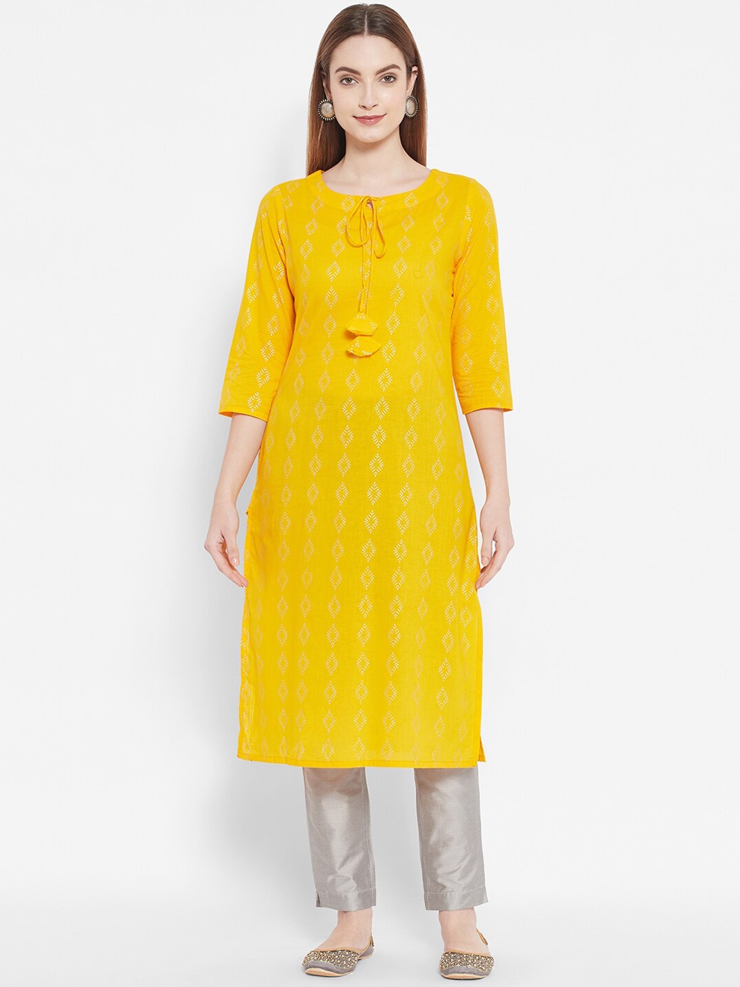 

DESI BEATS Women Mustard Yellow Printed Kurta