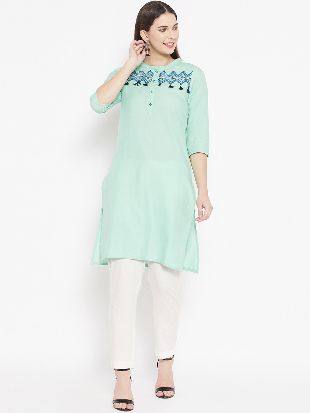 

DESI BEATS Women Turquoise Blue Flared Sleeves Thread Work Kurta