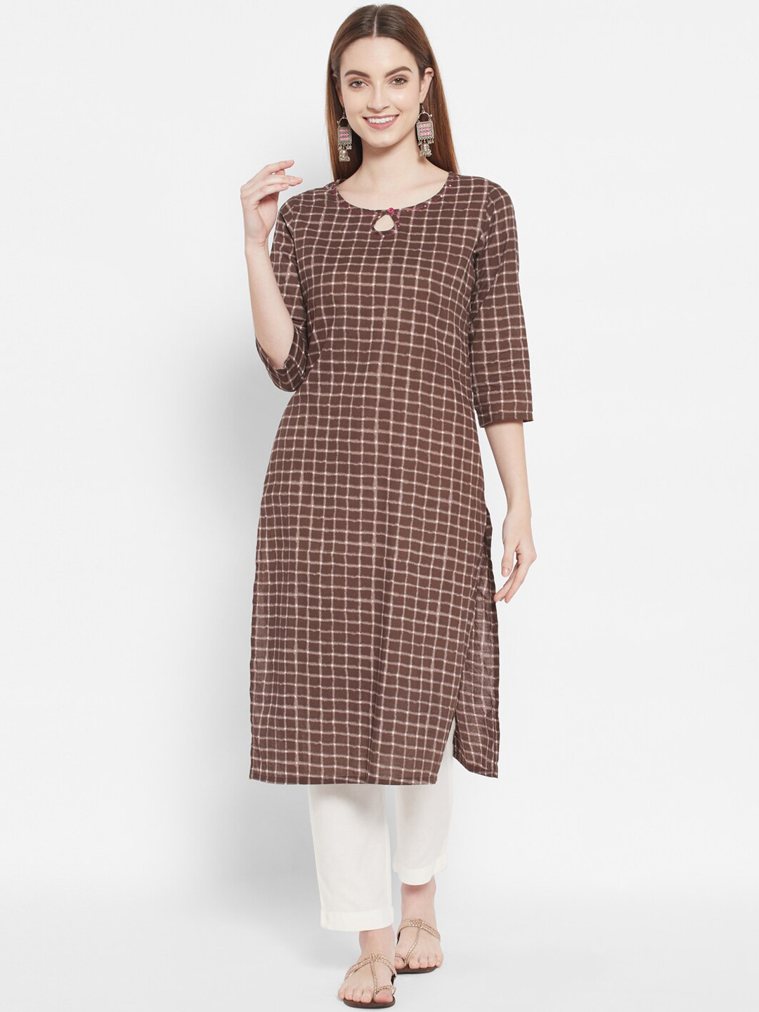 

DESI BEATS Women Brown Checked Kurta