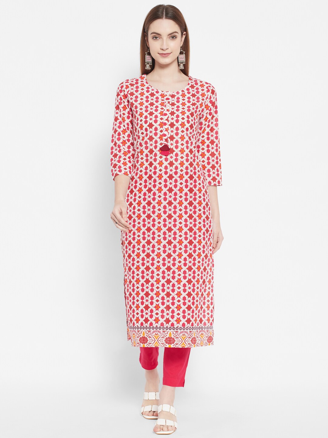 DESI BEATS Women Pink & White Geometric Printed Kurta