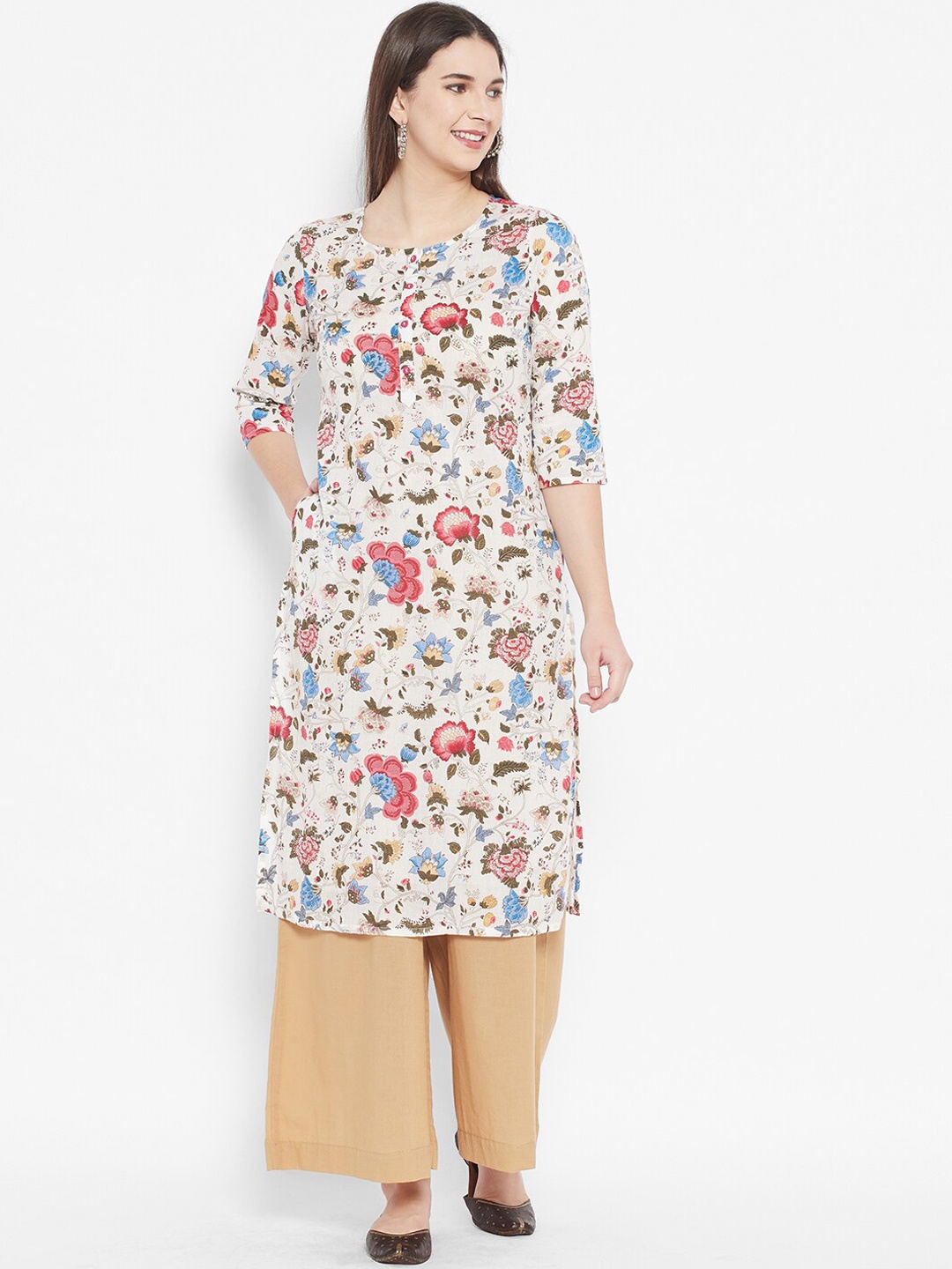 

DESI BEATS Women White Floral Printed Cotton Kurta