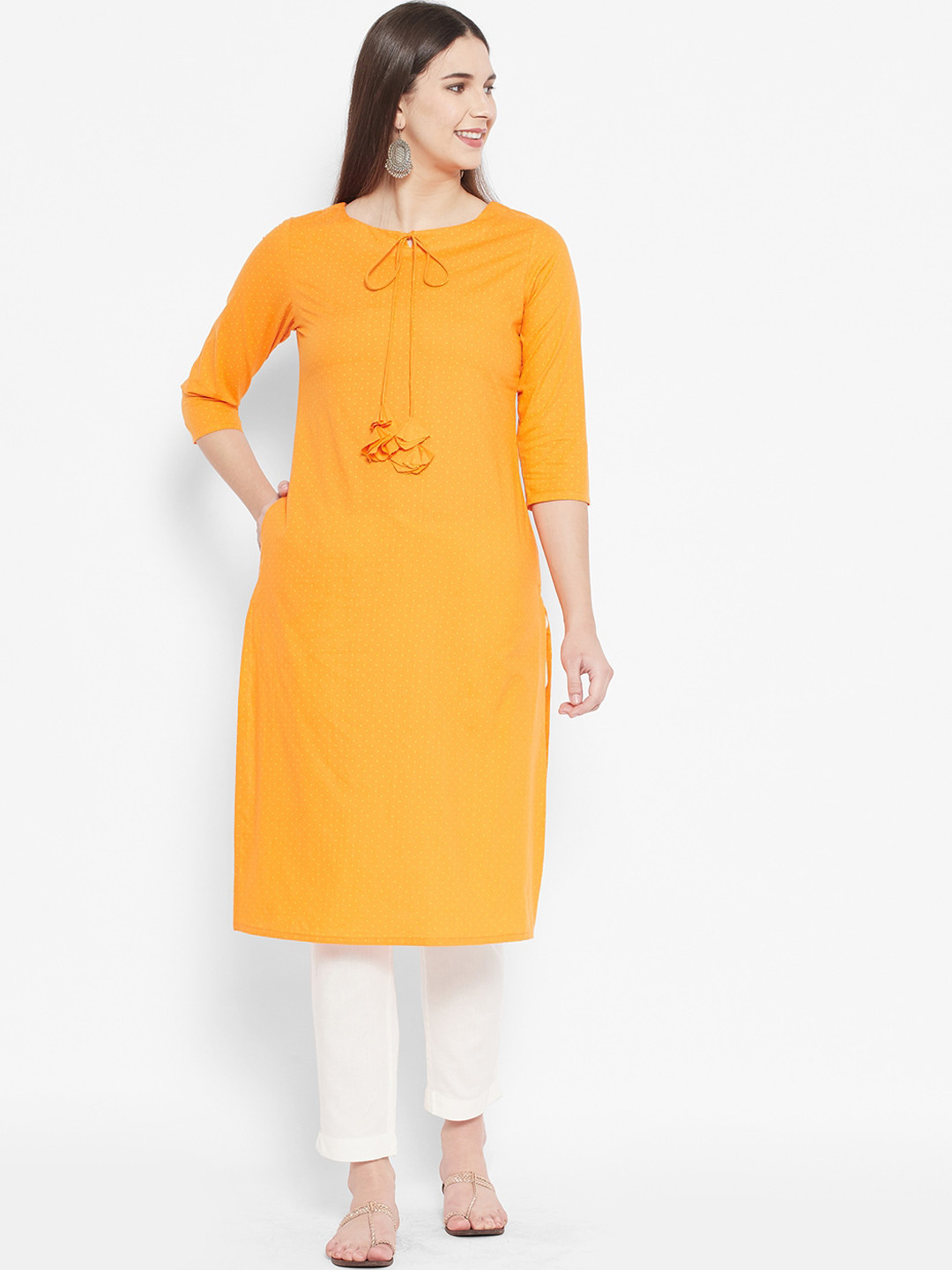 

DESI BEATS Women Orange Keyhole Neck Kurta