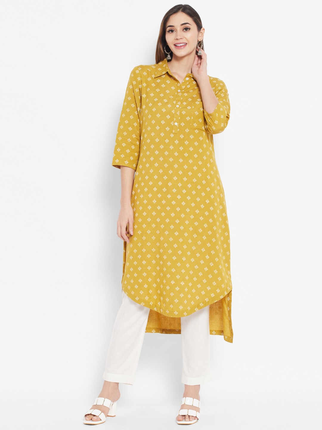 

DESI BEATS Women Mustard Yellow Geometric Printed Pure Cotton Kurta
