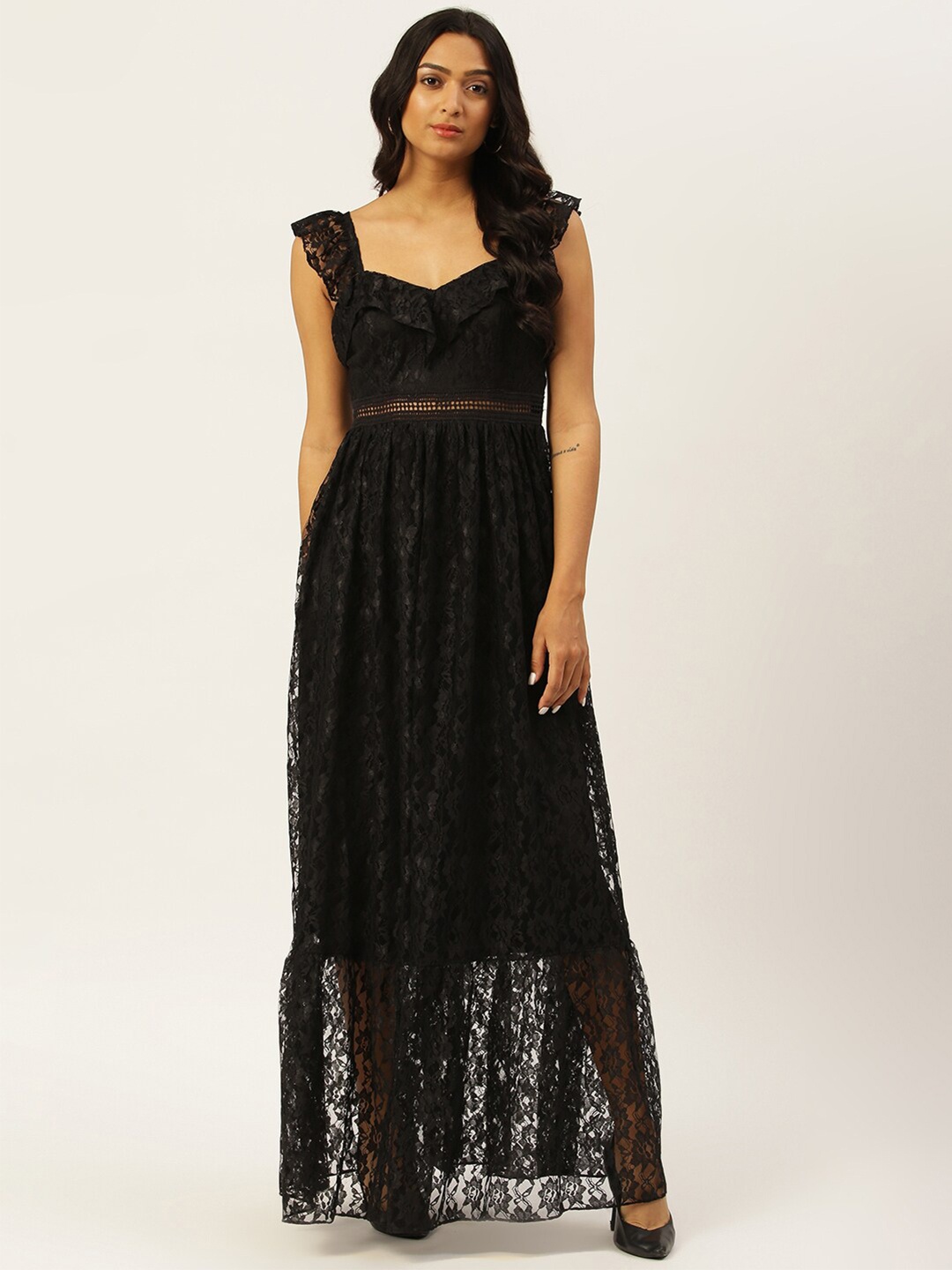 

TRENDY DIVVA Black Embellished Lace Maxi Dress