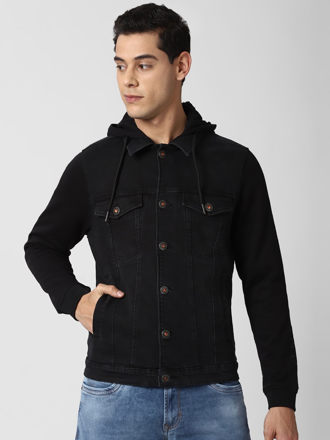 

Peter England Casuals Men Black Hooded Washed Denim Jacket