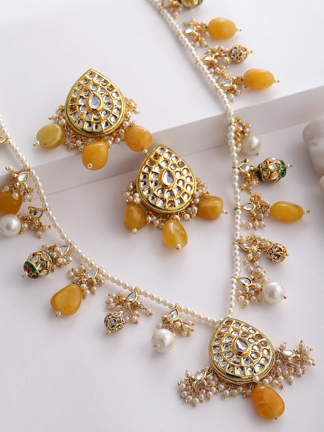 

DUGRISTYLE Kundan & Pearl Necklace with Earring Jewellery Set, Yellow