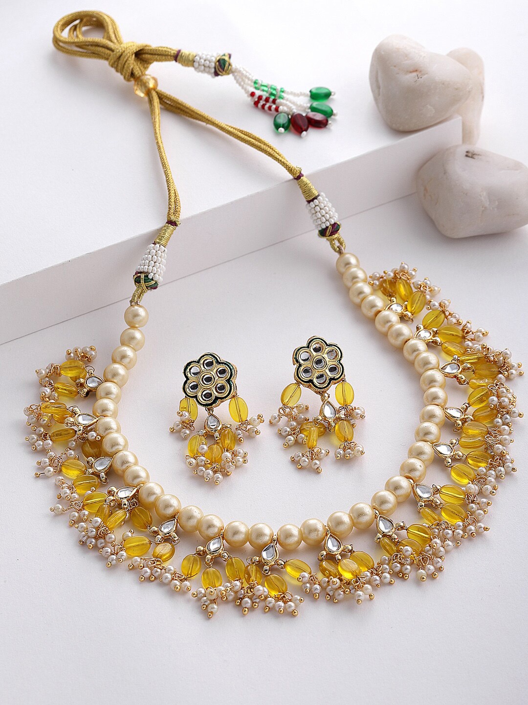

DUGRISTYLE Yellow Kundan With Pearl Necklace & Earrings Set