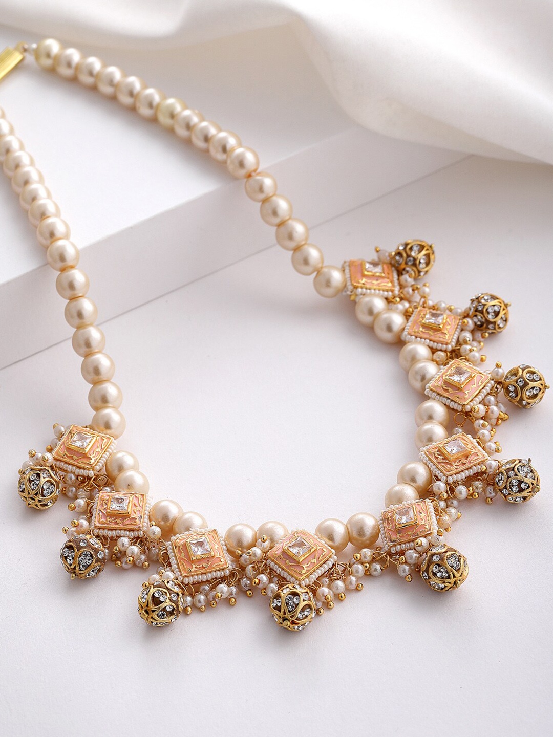 

DUGRISTYLE Gold-Plated Pink & White Kundan Studded & Pearl Beaded Sterling Silver Necklace