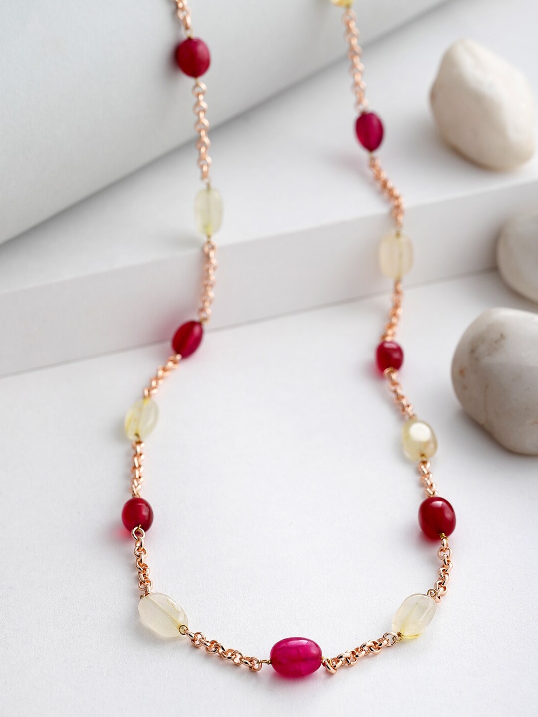 

DUGRISTYLE Women Red & White Natural Stones Beaded Necklace, Rose gold