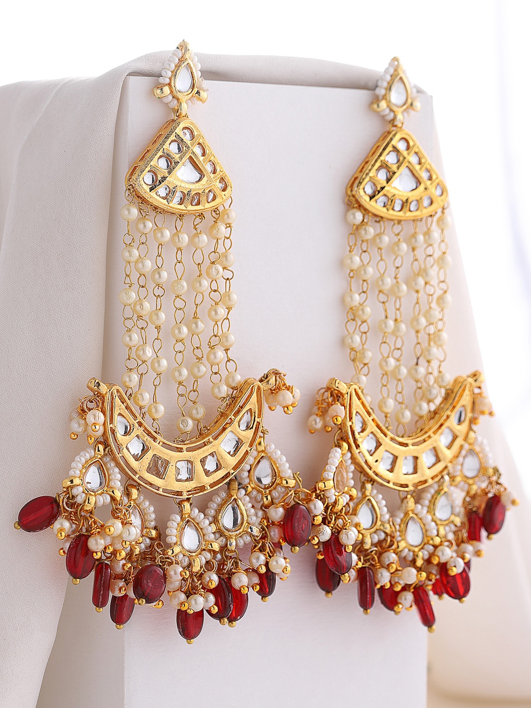 

DUGRISTYLE Gold-Plated & Red Crescent Shaped Chandbalis Earrings