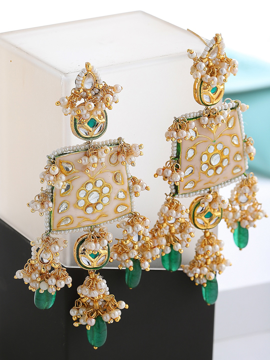 

DUGRISTYLE Gold-Plated Sterling Silver Green & White Contemporary Drop Earrings