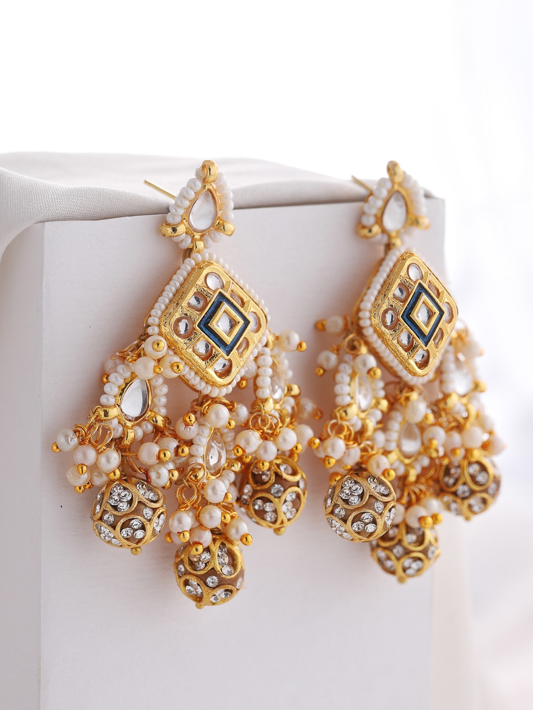 

DUGRISTYLE Gold-Plated Kundan Studded & Beads Drop Earrings