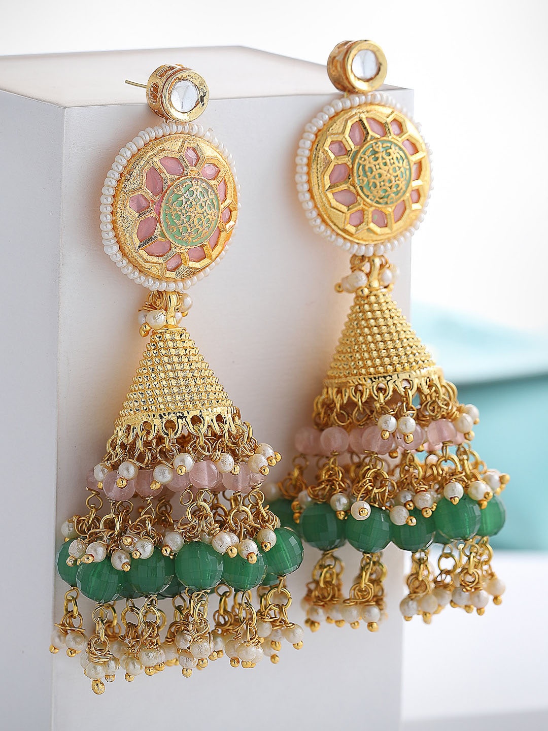 

DUGRISTYLE Pink & Green Dome Shaped Gold-Plated Jhumkas Earrings