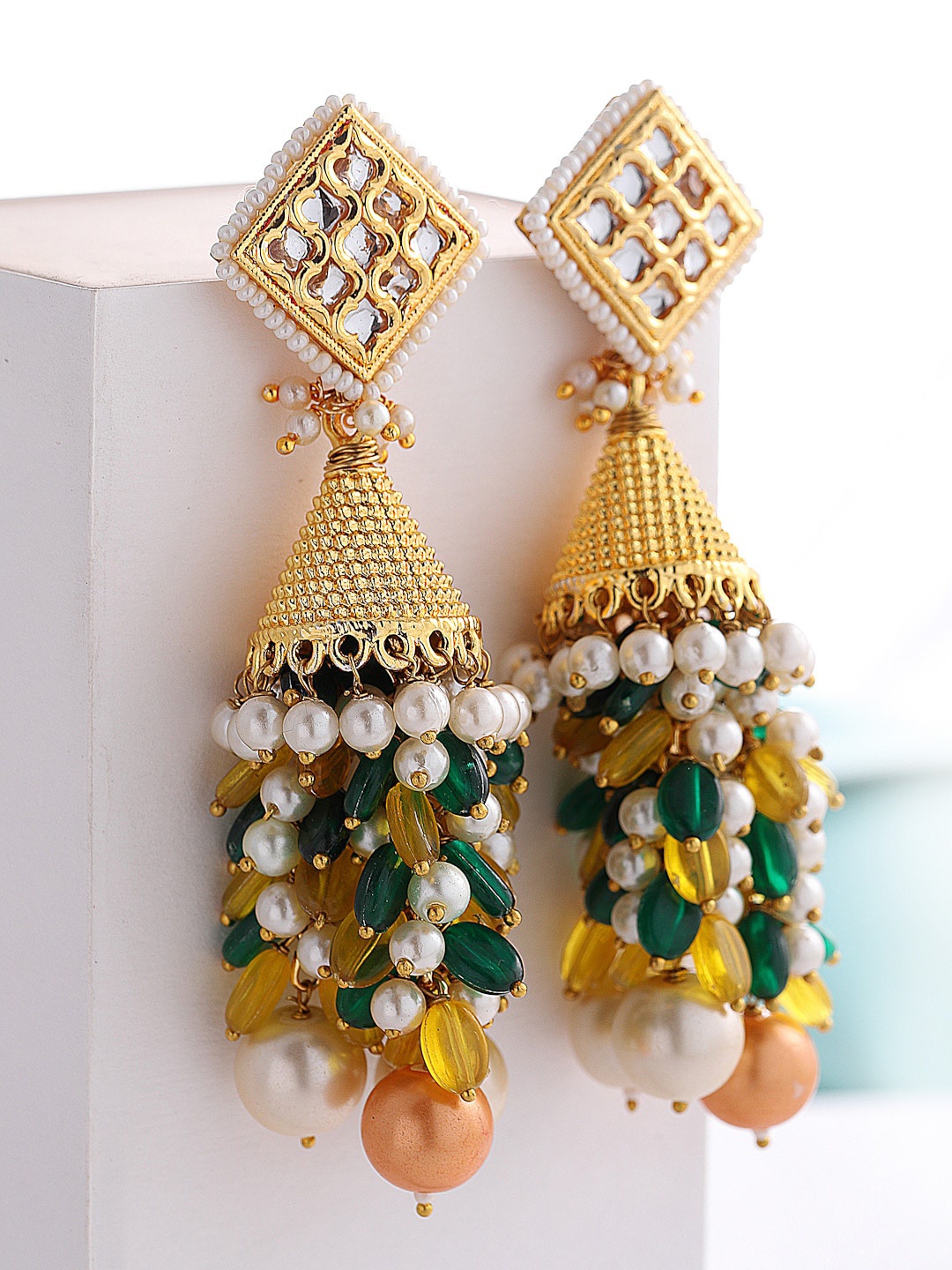 

DUGRISTYLE Gold-Plated Green Stones & Kundan Studded Jhumkas Earrings