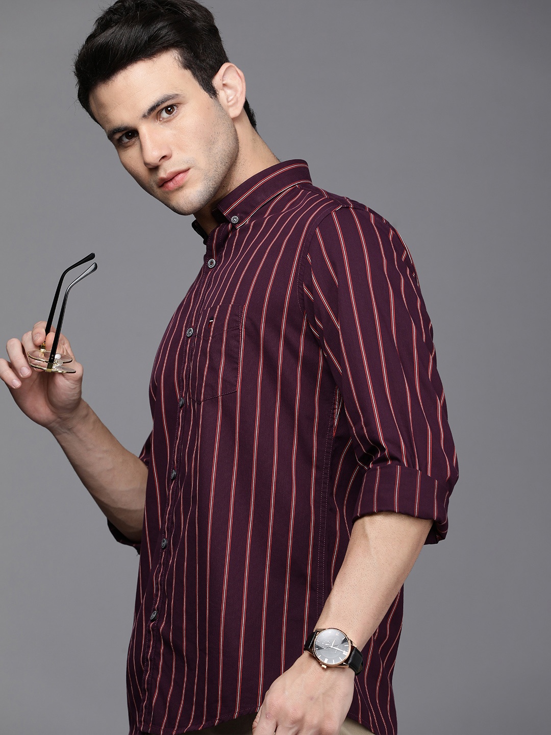 

Louis Philippe Sport Men Burgundy & Red Slim Fit Striped Casual Shirt