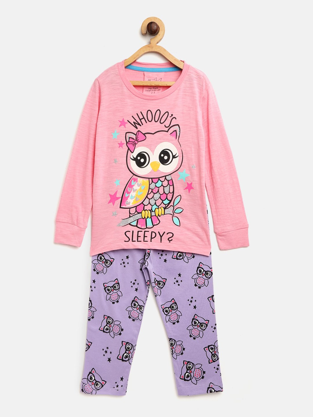 

Lazy Shark Girls Pink & Purple Printed Night suit