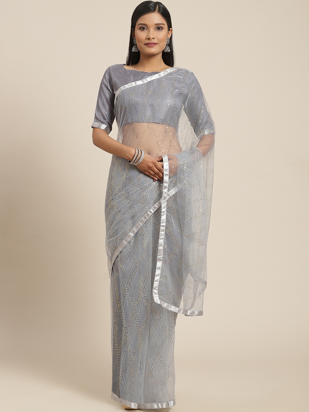 

Fab Dadu Grey Embellished Sequinned Net Saree