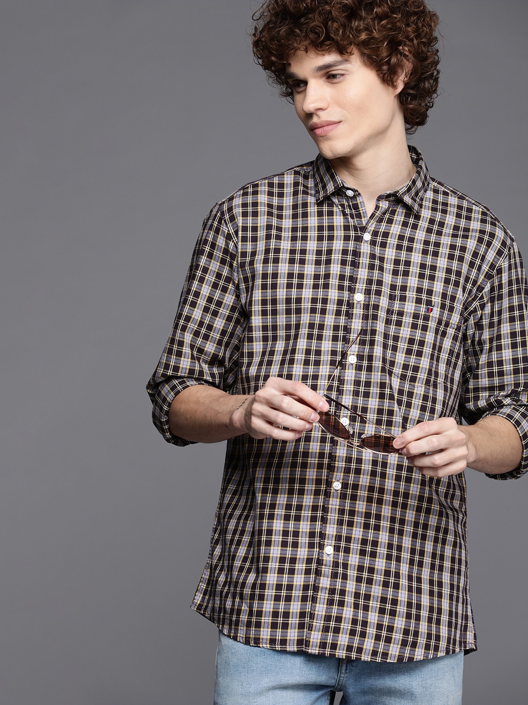 

Louis Philippe Jeans Men Brown & Purple Slim Fit Checked Casual Shirt