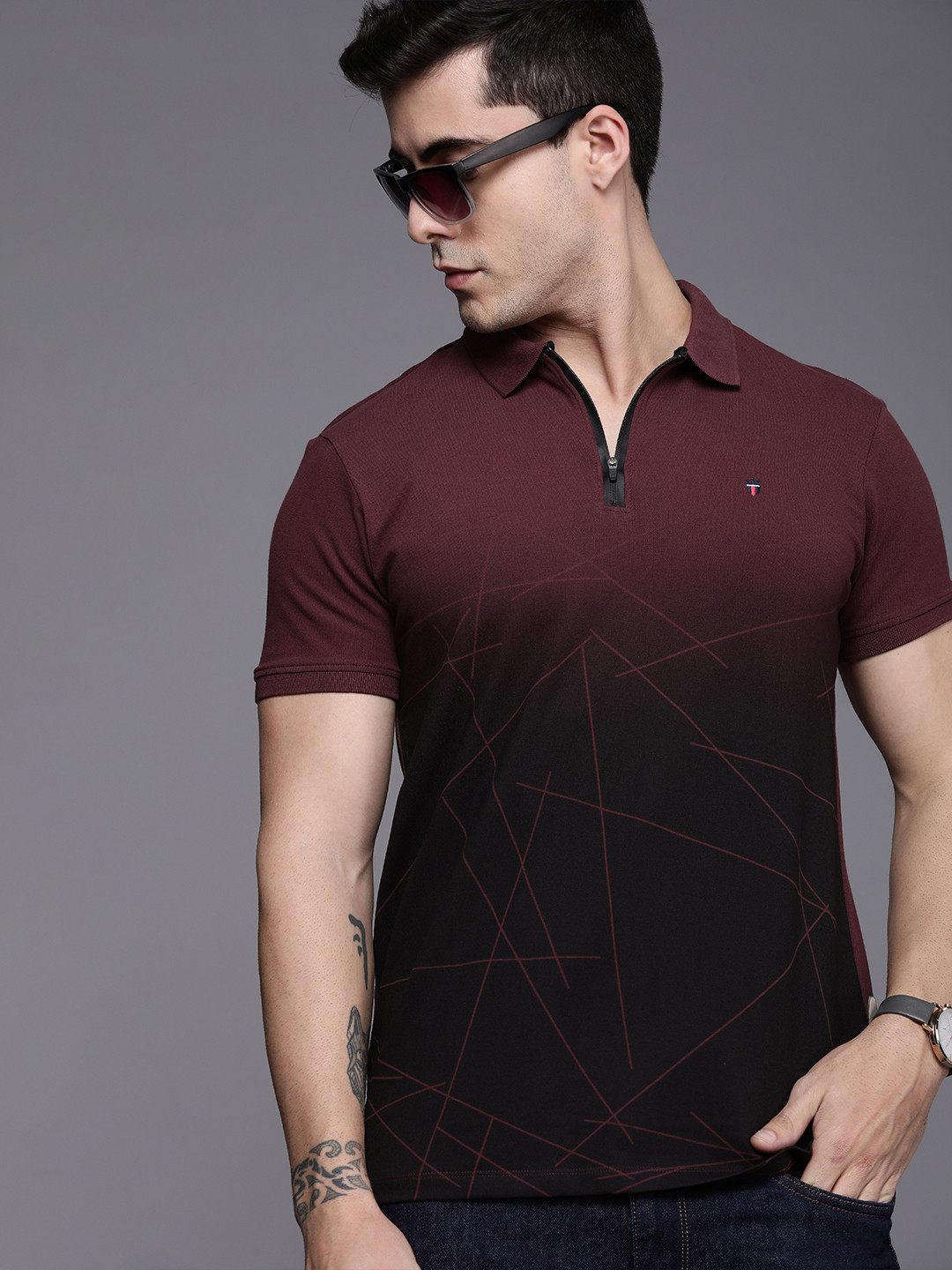 

Louis Philippe Jeans Men Purple & Black Colourblocked Polo Collar Slim Fit T-shirt