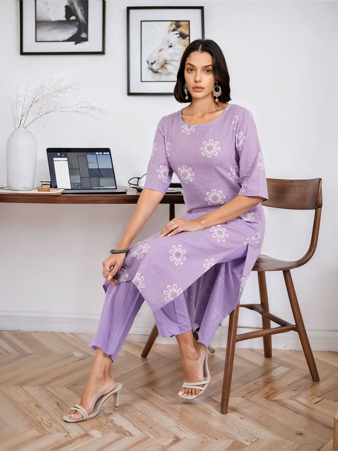 

Sangria Women Lavender Ethnic Printed Pure Cotton Kurta with Trousers