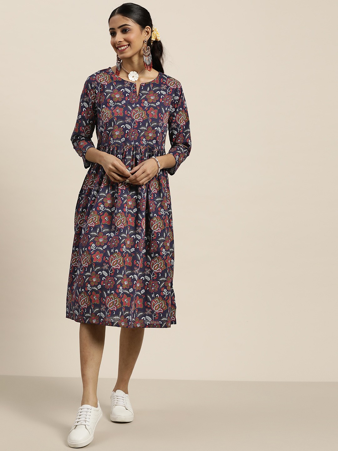 

Sangria Women Navy Blue & Pink Pure Cotton Ethnic Motifs A-Line Midi Dress