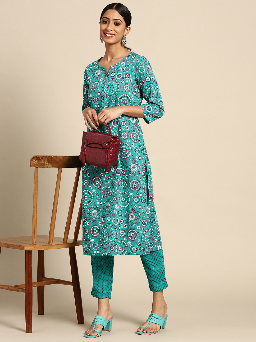 

Sangria Women Sea Green Ethnic Motifs Printed Pure Cotton Kurta with Trousers