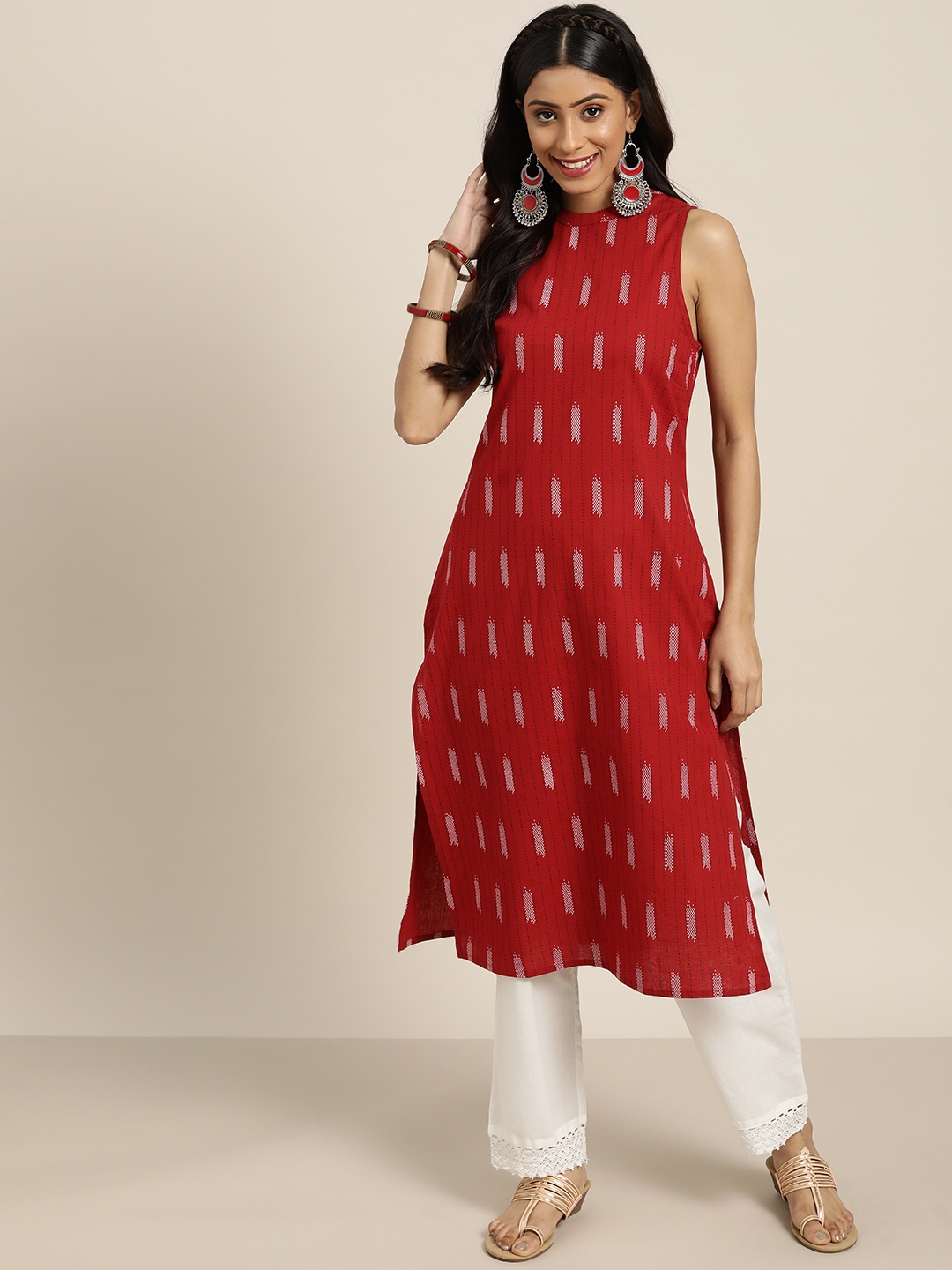 

Sangria Women Red & White Pure Cotton Geometric Printed Kurta