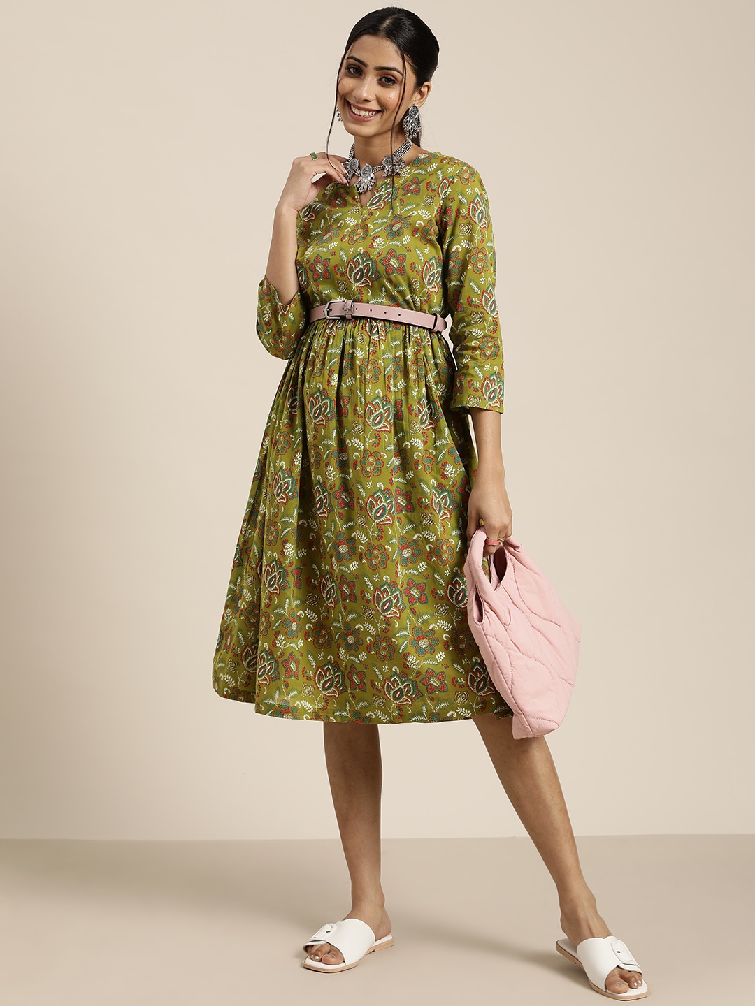 

Sangria Women Green & White Pure Cotton Ethnic Motifs Ethnic A-Line Dress