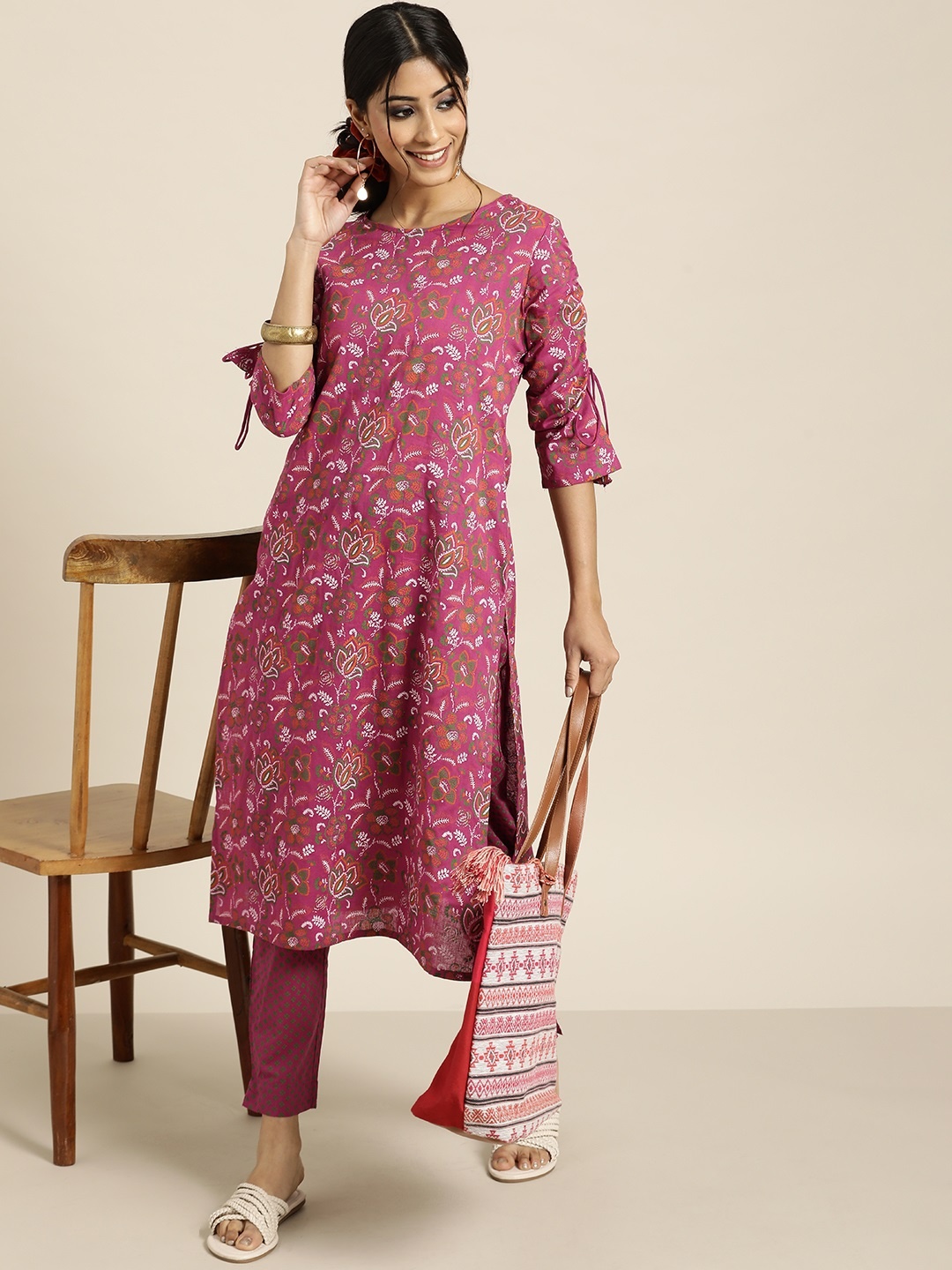 

Sangria Women Purple Ethnic Motifs Printed Pure Cotton Kurta with Trousers