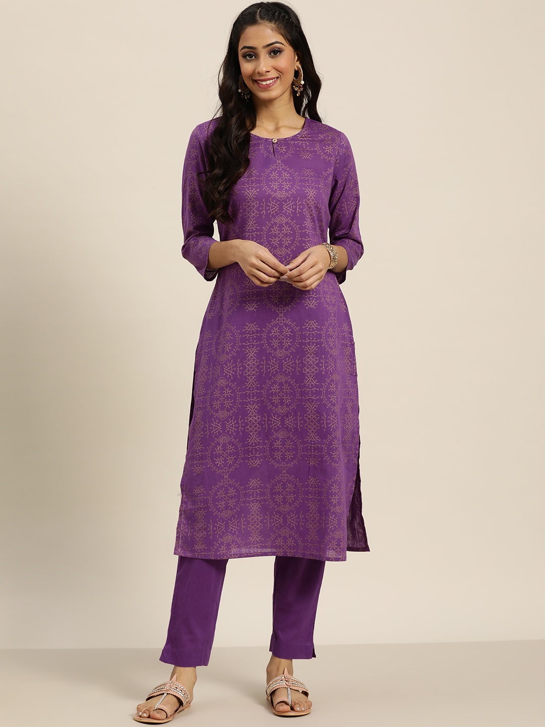 

Sangria Women Purple & Golden Ethnic Motifs Printed Pure Cotton Kurta with Trousers