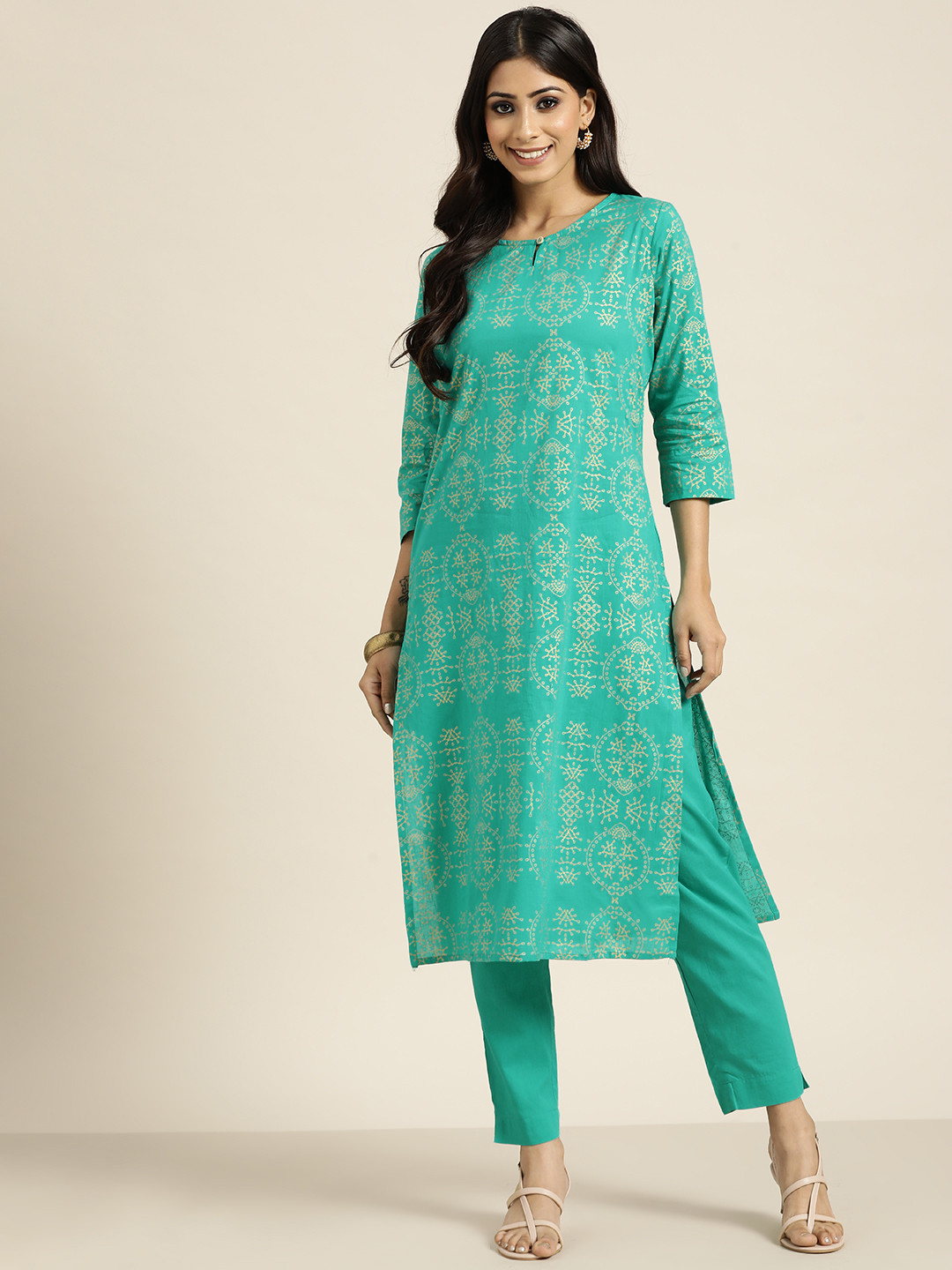 

Sangria Women Sea Green Ethnic Motifs Printed Pure Cotton Kurta with Trousers