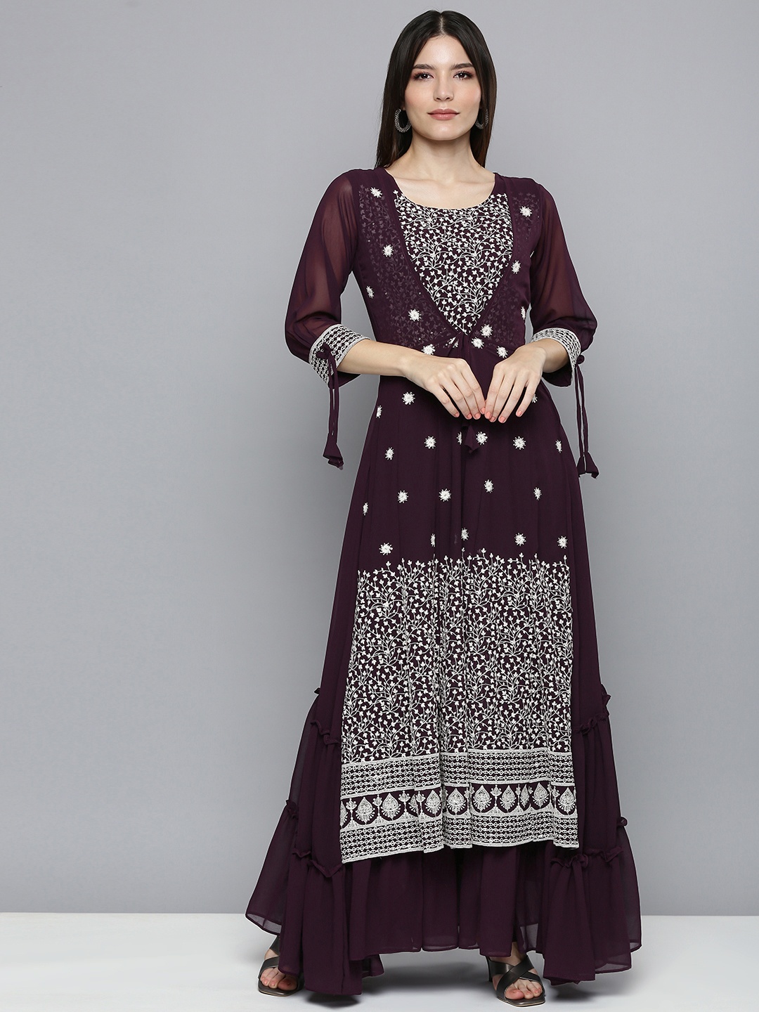 

Kvsfab Women Purple & White Embroidered Georgette Kurta