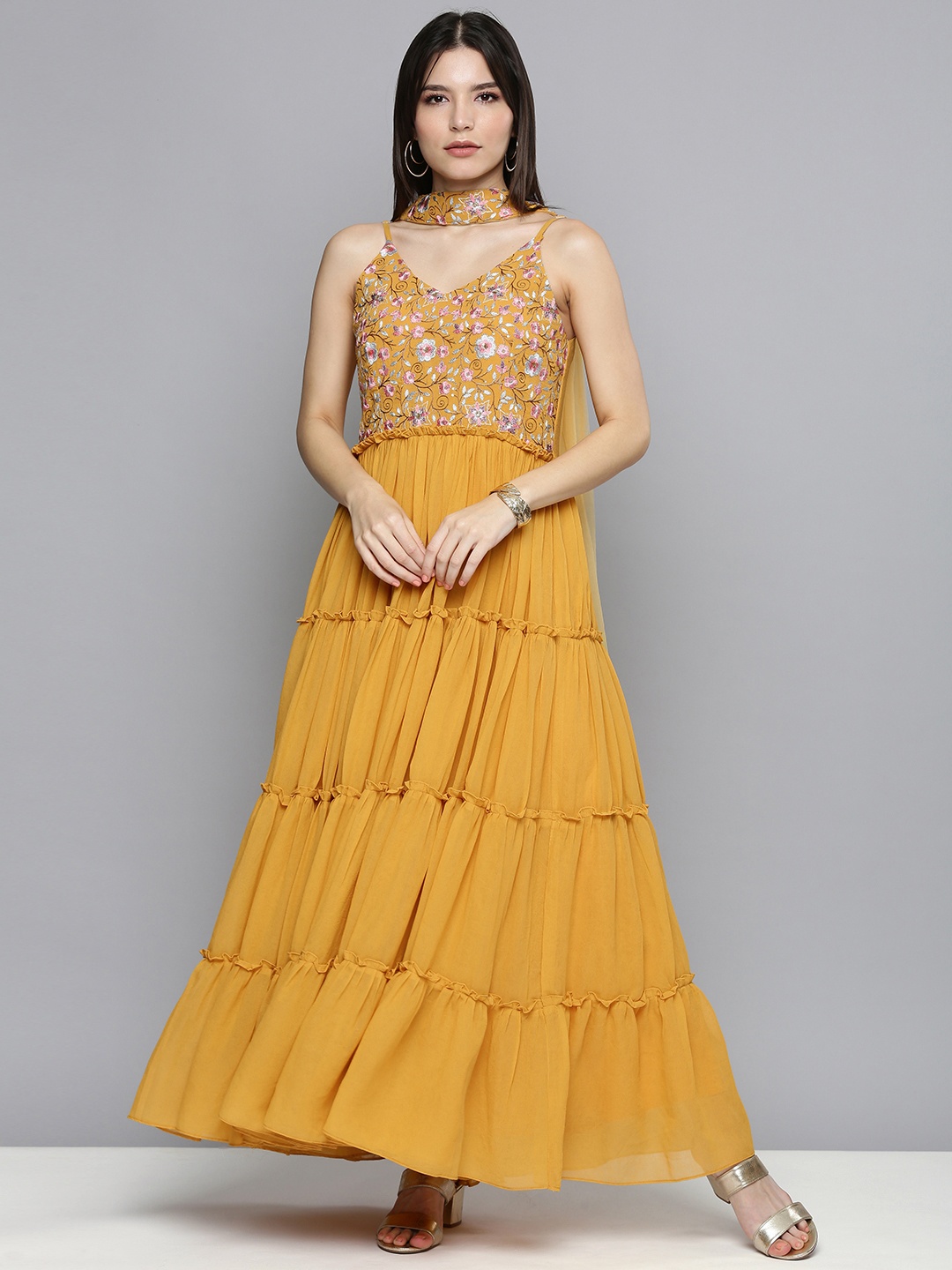 

Kvsfab Women Mustard Yellow Embroidered Georgette Kurta with Dupatta