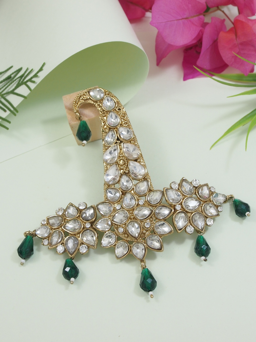 

I Jewels Men Green & Gold-Toned Gold Plated Kundan Studded & Beaded Maharaja Pagdi Kalangi