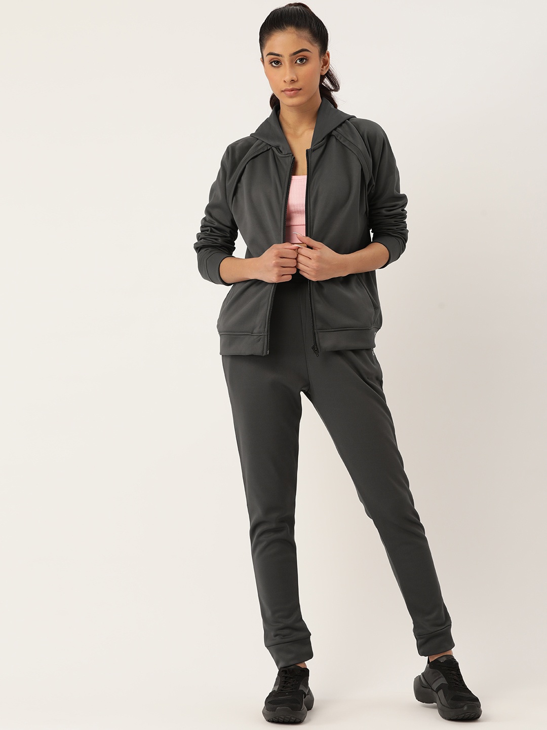 

KICA Women Charcoal Grey Solid Inner Fleece Jacket & Track Pants