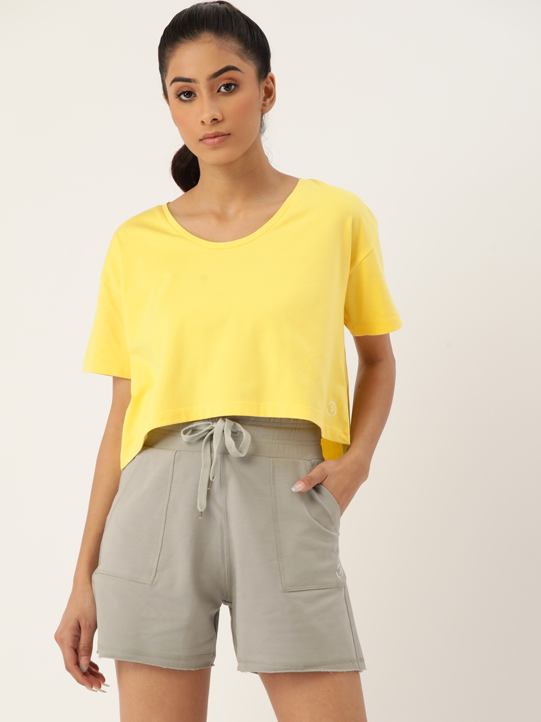 

KICA Women Yellow & Grey Solid Crop Top & Shorts With Pockets