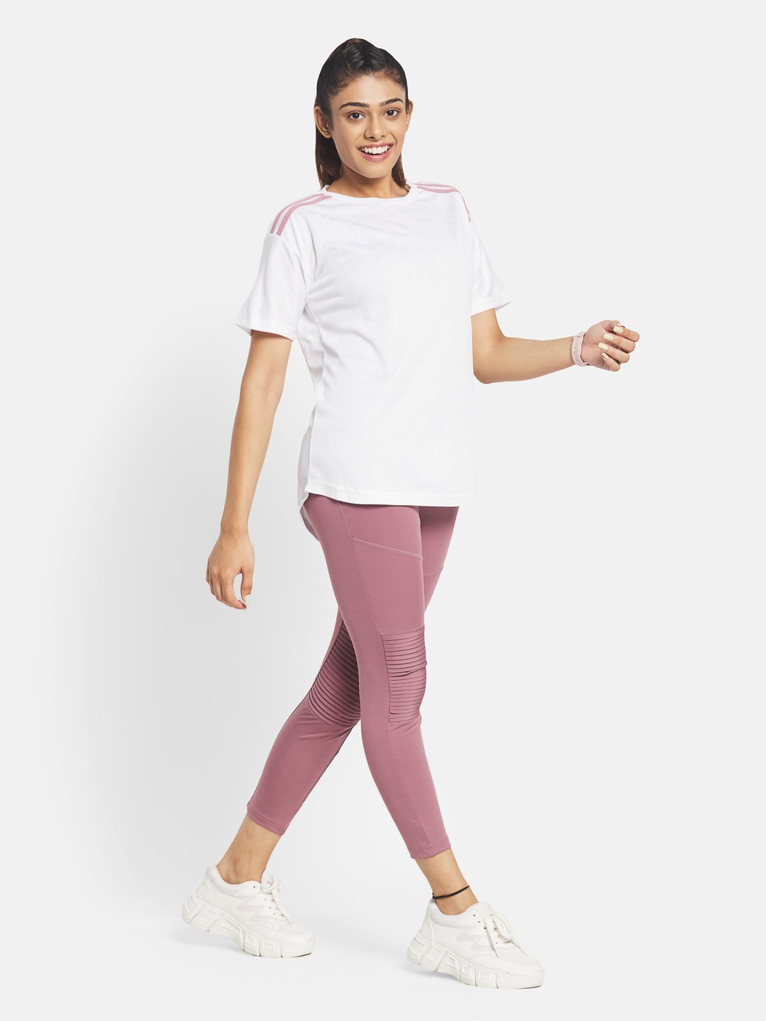 

KICA Women White & Pink Top with High Waisted Ribbed Detailing Leggings