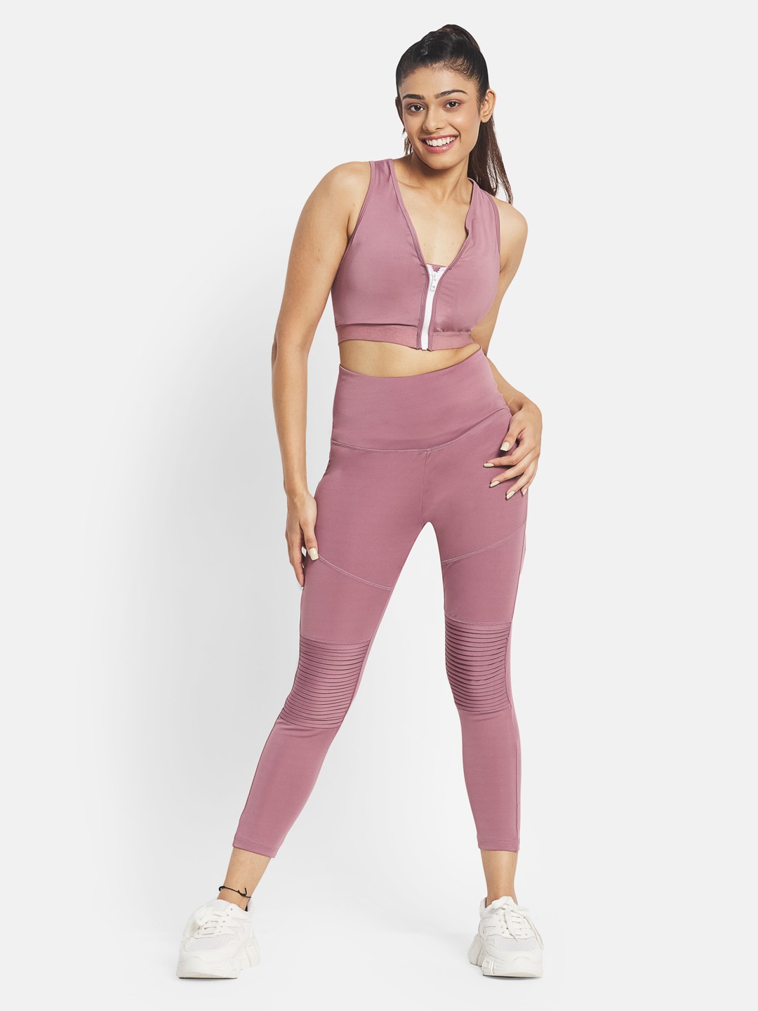 

KICA Women Dusty Pink Zip Medium Support Sports Bra & High Waisted Leggings