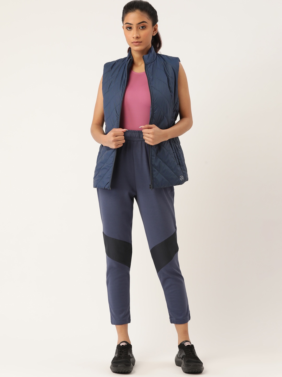 

KICA Women Navy Blue & Black Colourblocked High-Waisted Puffer Jacket With Track Pants