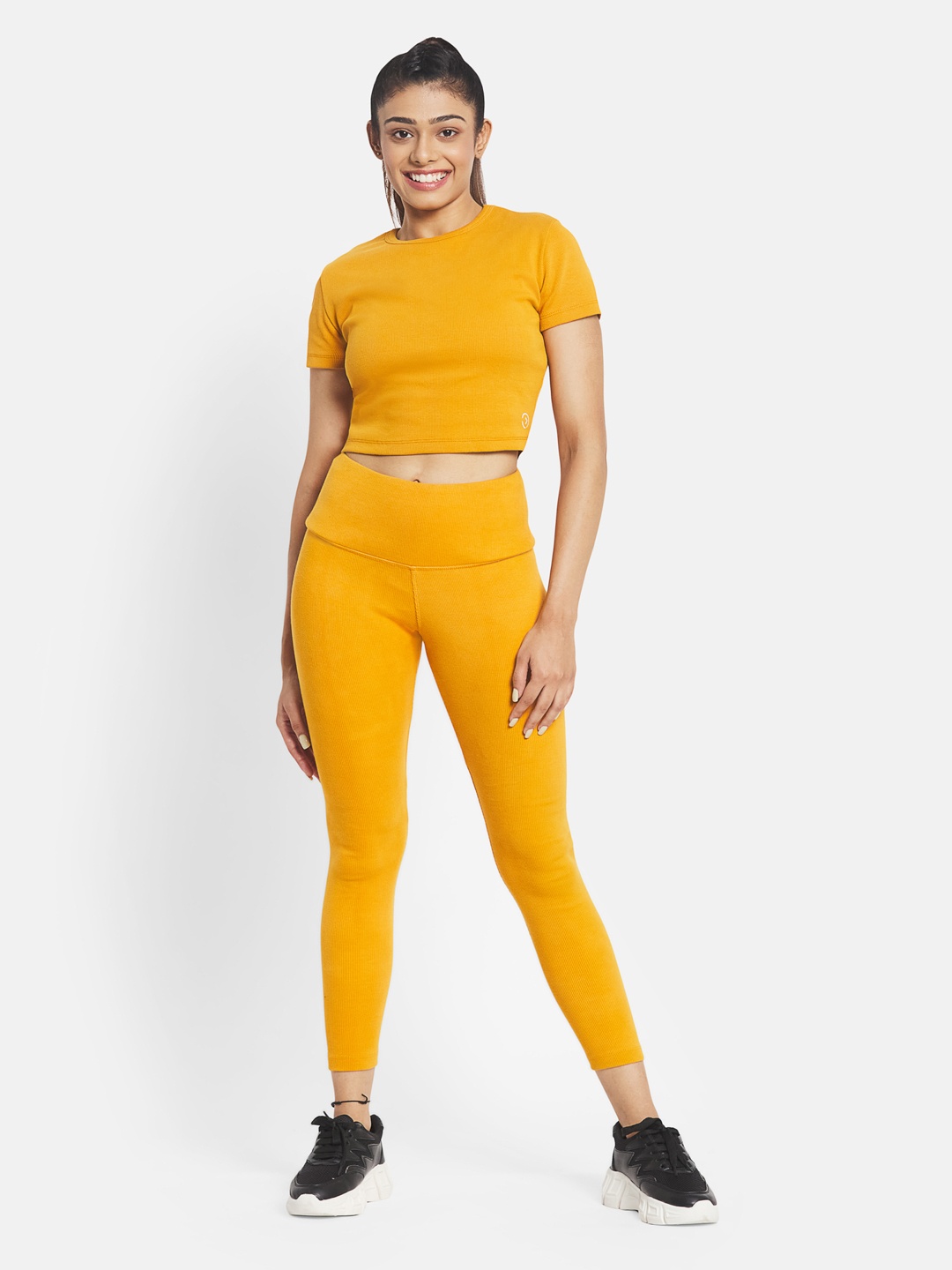 

KICA Women Mustard Yellow Top & Cotton Ribbed High Waisted Leggings Co-ords