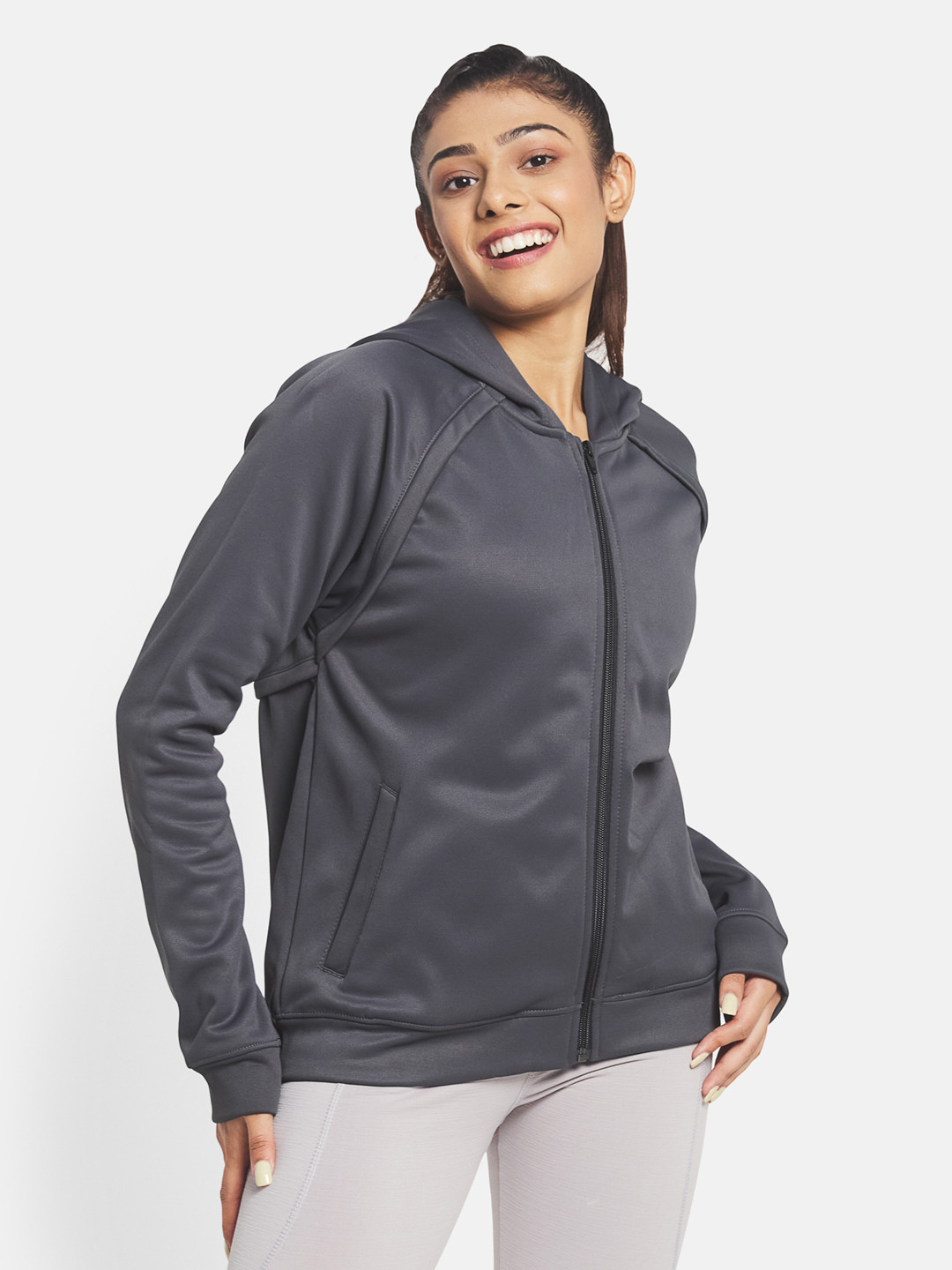 

KICA Women Grey Solid Relaxed Fit Hooded Fleece Front-Open Sweatshirt